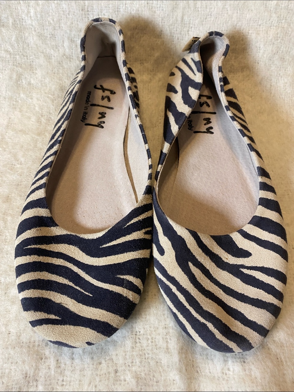 French Sole Zebra-Print Ballet Flats in Black and Tan